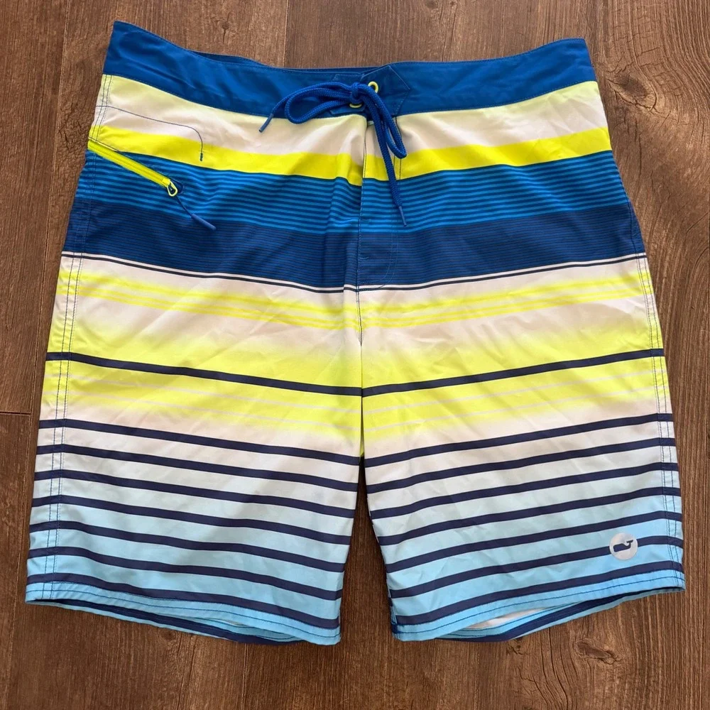 Vineyard Vines Board Shorts Mens 34 Blue Lime Green Striped Swim Trunks Stretch